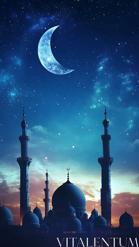 Crescent moon above detailed mosque silhouette under star-rich sky