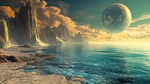 Alien coastline with stratified cliffs and enlarged orbital planet rendered