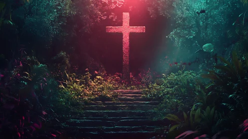 Illuminated stone cross on overgrown forest stairway at night.