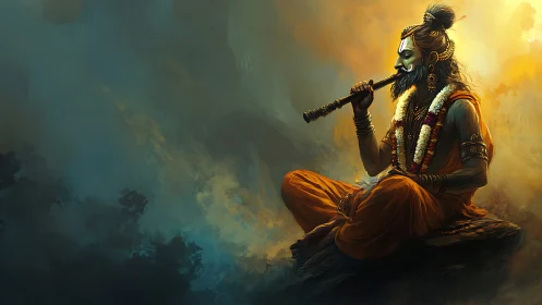 Bearded sage in orange robes playing wooden flute.