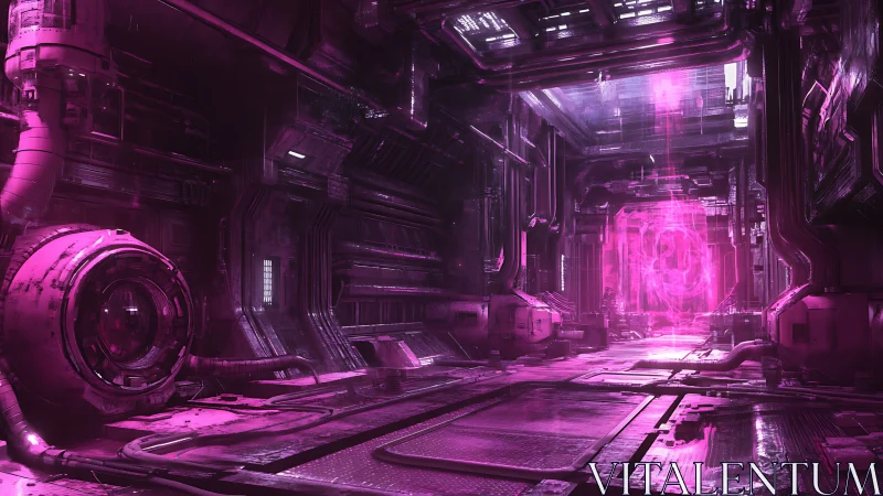 Magenta-illuminated quantum conduit in industrial void chamber.