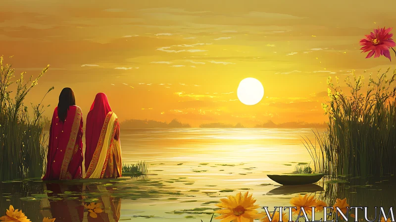Sunset sisters in saffron sarees by a whispering river.