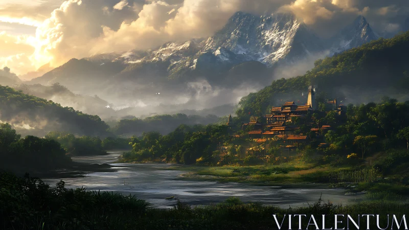 Mountain monastery complex in misty river valley at sunrise.