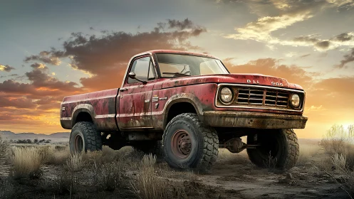 Aged lifted pickup truck in semi-arid landscape at sunset.