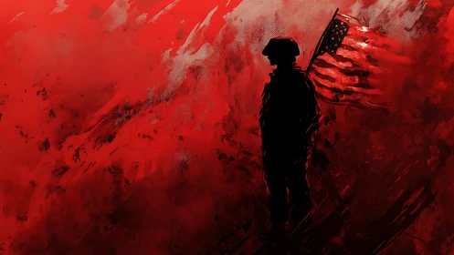 Silhouetted soldier holding US flag on red war field.