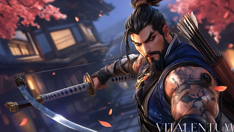 Storm-eyed archer poised beneath falling cherry fire petals.