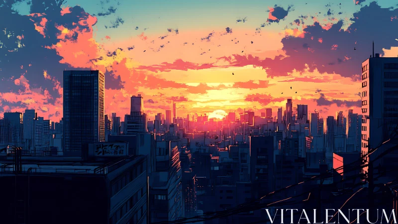 Neon-lit city skyline glows under a vivid sunset sky.