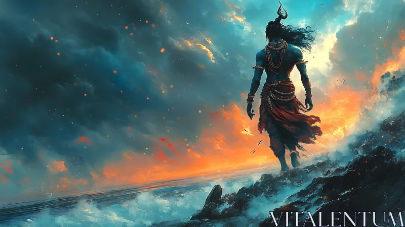 Divine warrior silhouette strides along storm-lit ocean shore