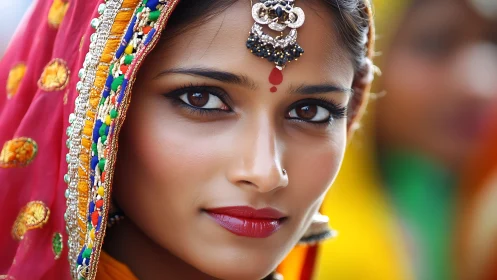 Portrait of Woman in Traditional Indian Attire with Ornate Jewelry.