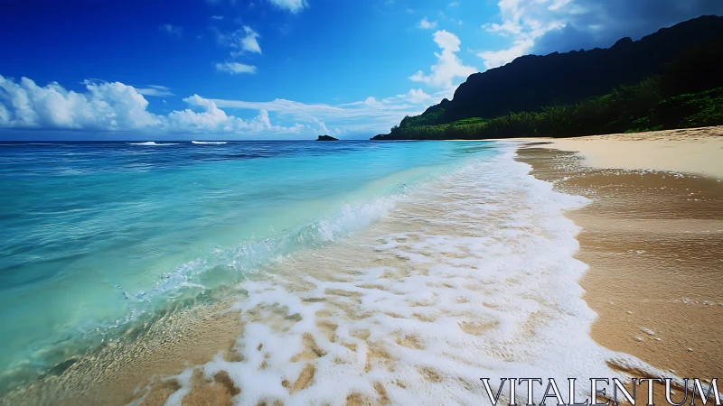 Tropical shoreline with turquoise surf and distant headland.