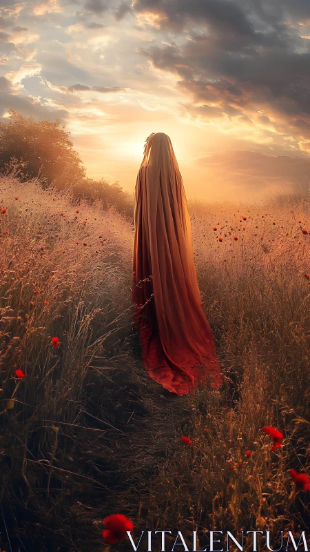 Cloaked figure walks sunset path through poppy-lined dry field
