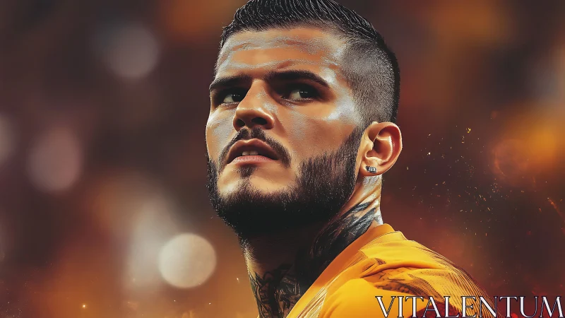 Firelit football guardian stares down the roaring stadium night.