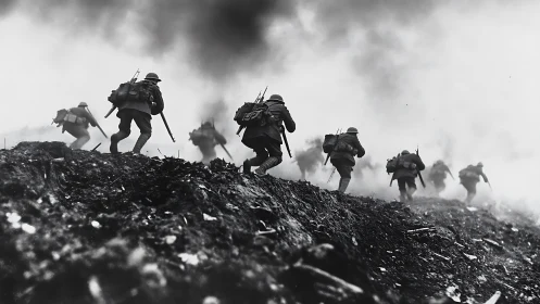 Infantry squad advances uphill through dense battlefield smoke under fire