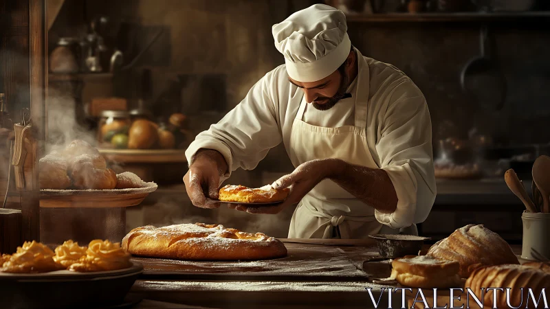 Baker Inspects Fresh Baguette in Rustic Kitchen Workshop