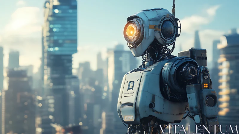Humanoid service robot observing dense futuristic cityscape.