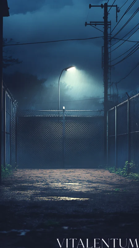 Rain-soaked fenced alley illuminated by solitary streetlamp