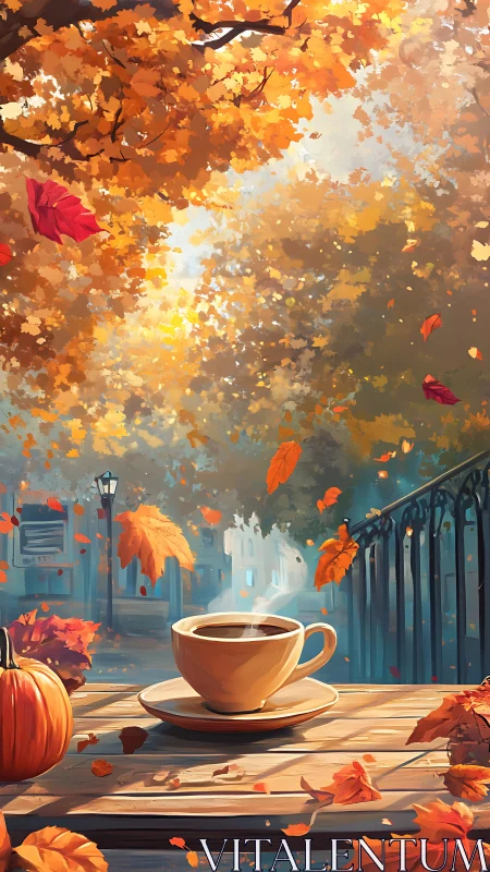 Coffee cup on autumn park table with falling orange leaves.