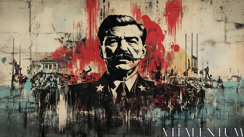 Propagandistic leader portrait amid chaotic urban warfare matrix.