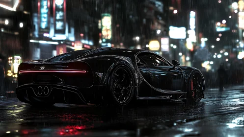 Midnight hypercar poised in neon-soaked urban downpour.