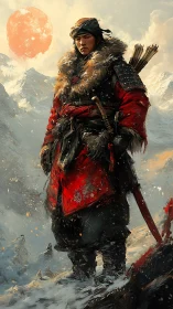 Stoic mountain warrior stands beneath a burning winter sun.