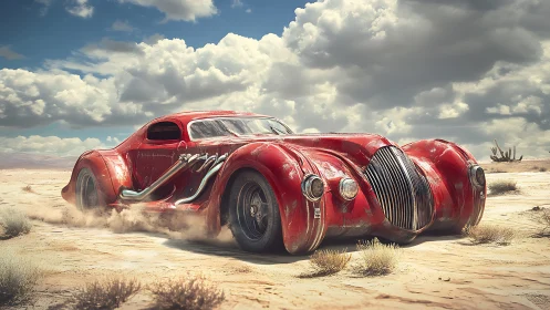 Retro red desert racer powers through windswept sands.