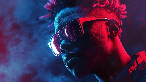 Portrait shows side-lit man wearing reflective neon sunglasses