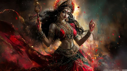 Digital depiction presents ornate female deity in motion