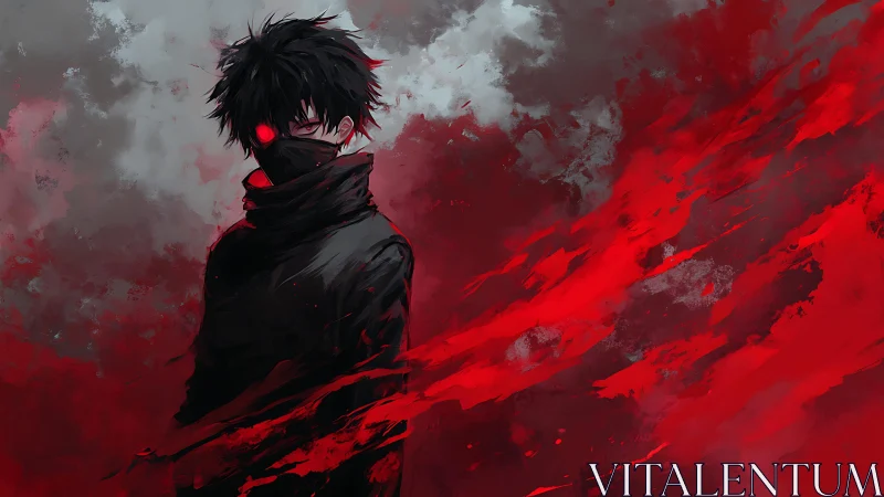 Masked anime figure with glowing red eye in dark storm.