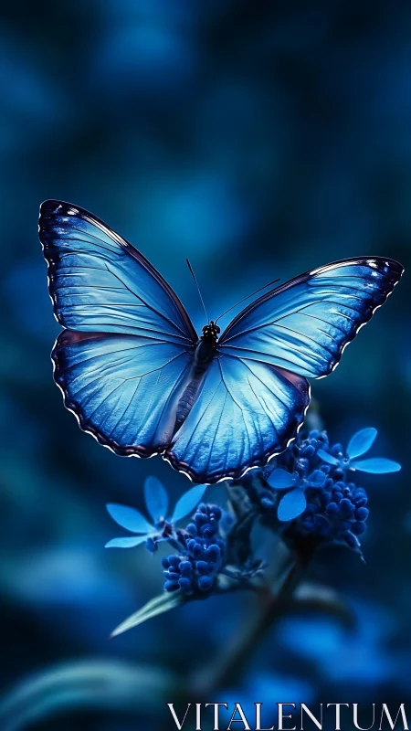 Moonlit blue butterfly hovers like a quiet electric thought