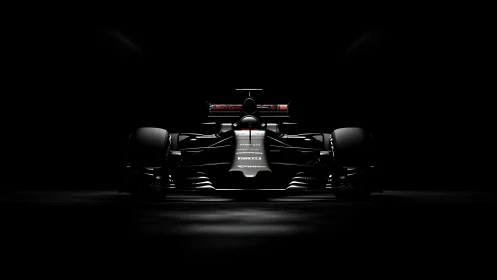 Midnight studio view of sleek black Formula race car.