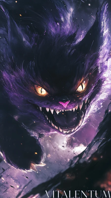 Ferocious purple spectral cat lunging through darkness.