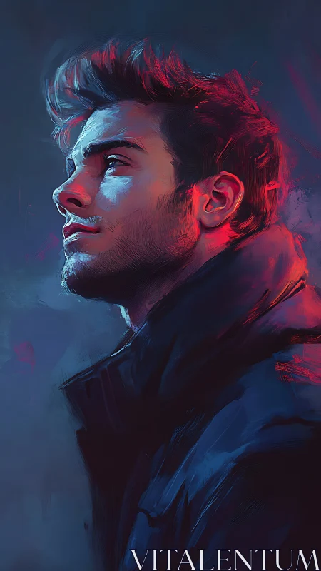 Digital painting portrait in neon rim light profile study.