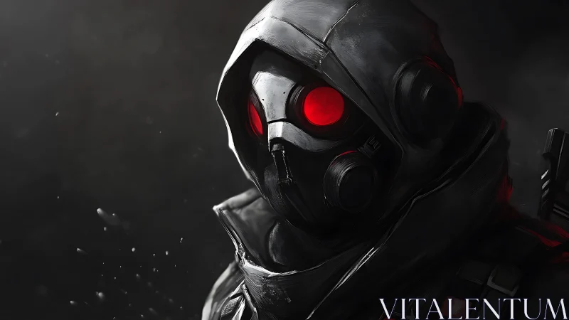 Masked futuristic soldier with glowing red visor eyes.