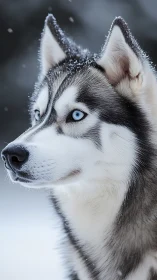 Snow-kissed husky gazing into winter’s quiet distance.