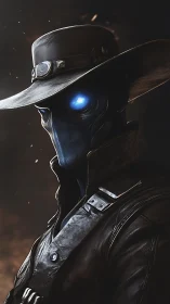 Lone cyber gunslinger with glowing eyes in twilight haze.
