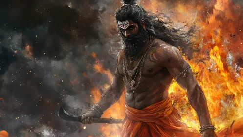 Fire-wreathed warrior sage strides through storming embers