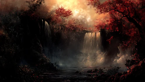 Crimson Forest Waterfall Cascade with Ethereal Golden Sky.
