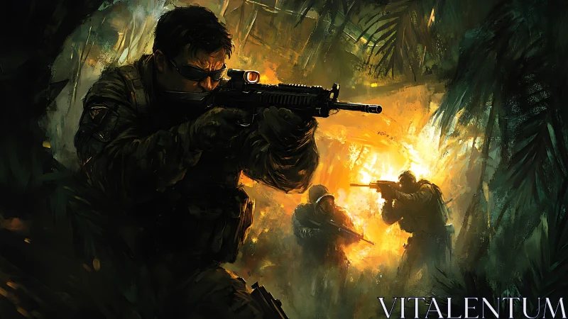 Soldiers engaged in jungle firefight with rifles at night.