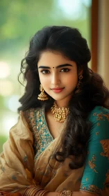 Portrait of woman in teal saree with gold jewelry.