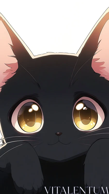 Golden eyed black anime kitten close up portrait.