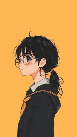 Side-profile anime student portrait uses flat chromatic contrast