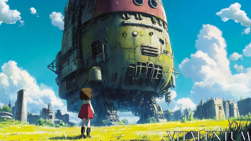 Girl confronting towering rusted mech in sunlit field.