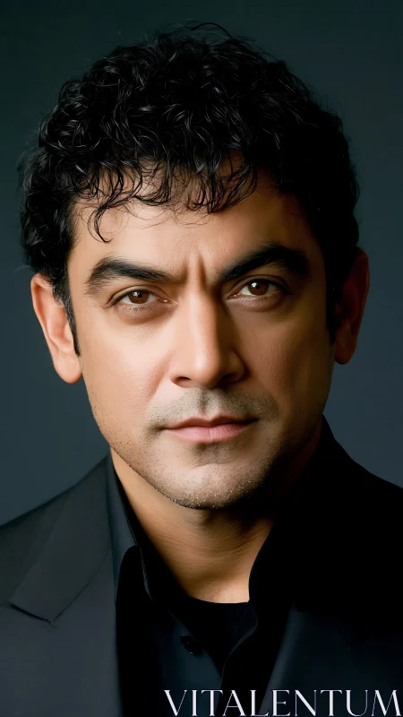 Smoldering gaze of a poised man in noir-black tailoring.