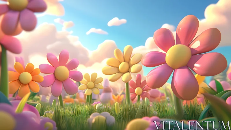 Oversized Flowers Field Under Clear Sky.