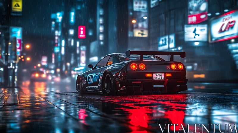 Cyberpunk street racer in neon-soaked nocturnal cityscape.
