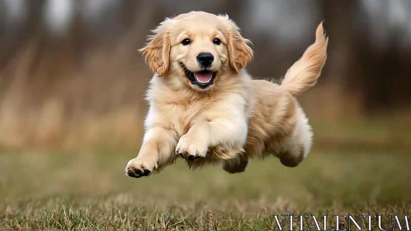 Golden retriever puppy mid-leap across soft meadow grass.
