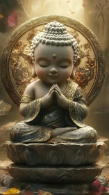 Serene child Buddha statue in ornate lotus shrine glow.