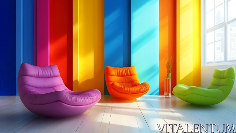 3D lounge interior with chromatic panels and sculpted chairs.