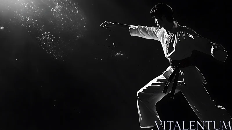 Martial artist strikes forward in stark dramatic lighting.