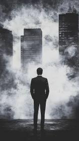 Solitary silhouette confronting a storm veiled cityscape.